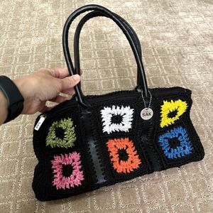 The Sak Granny Square Knit Purse Shoulder Bag Black Multi-color 70s Hippie Retro